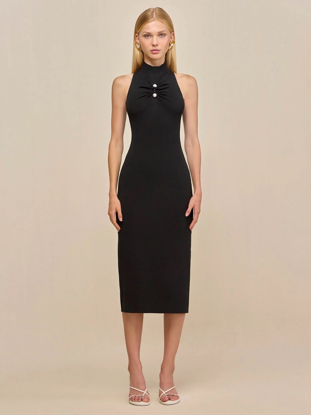 Cult Gaia Collin Pearl Piercing High-Neck Bodycon Black Midi Dress EUC Suzet S